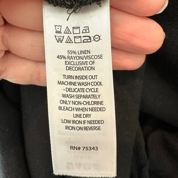 RACHEL ZOË | Black Linen Tunic Top Boho Tassel Hem Resort Blouse | Large - Picture 7 of 7